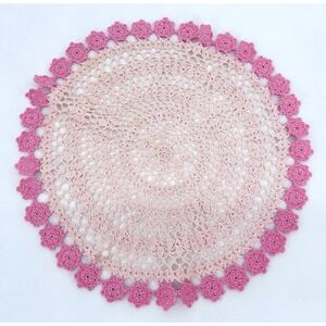 Vintage Handmade Crochet Doily 14.5" Pink Floral Flower Edge Round